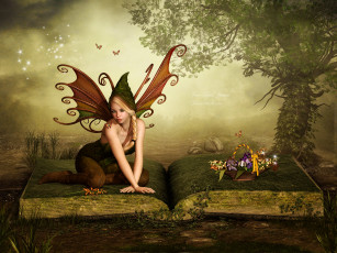 Картинка 3д+графика elves+ эльфы фея книга дерево корзина цветы