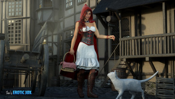 Картинка 3д+графика people+ люди девушка корзина кот