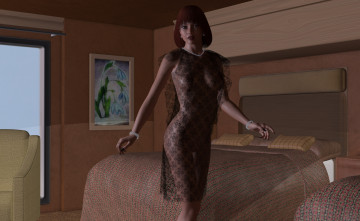 Картинка 3д+графика people+ люди девушка взгляд платье кровать картина