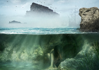 Картинка фэнтези фотоарт русалка море корабль девушка