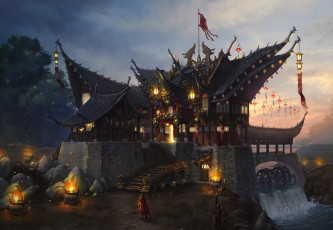 Картинка фэнтези замки замок путник иной мир мельница река