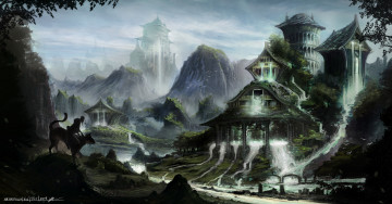 Картинка фэнтези замки арт горы дома заросли водопады фигура кошка всадник старик