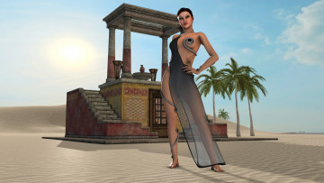 Картинка 3д+графика фантазия+ fantasy пальмы арка пустыня фон взгляд девушка