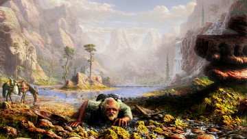 Картинка рисованное люди камни ручей пейзаж человек