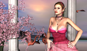 Картинка 3д+графика эльфы+ elves эльфийка взгляд фон фламинго сакура колоны