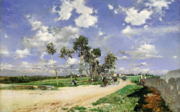 Картинка рисованное живопись лес giovanni boldini трава деревья дорога лошадь повозка облака пейзаж люди небо горизонт