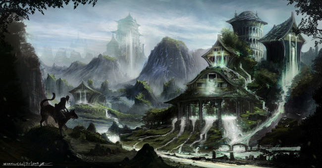 Обои картинки фото фэнтези, замки, арт, горы, дома, заросли, водопады, фигура, кошка, всадник, старик