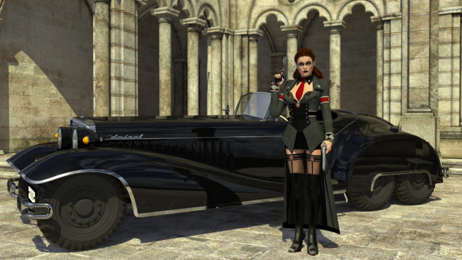 Обои картинки фото автомобили, 3d car&girl, оружие, фон, взгляд, девушка, автомобиль