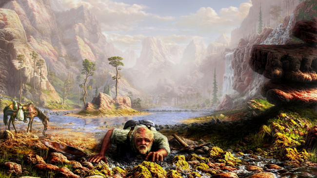 Обои картинки фото рисованное, люди, камни, ручей, пейзаж, человек