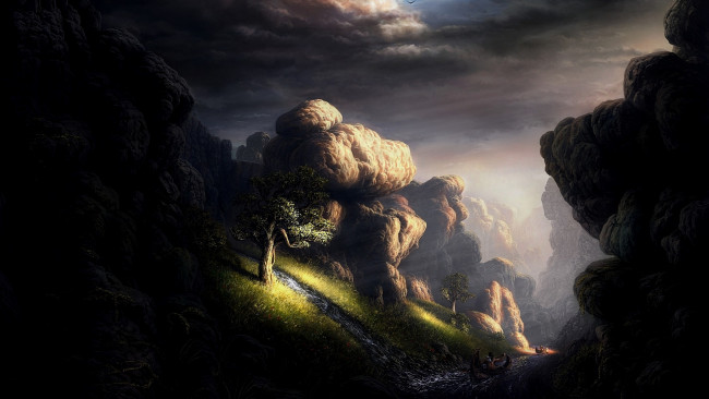 Обои картинки фото рисованное, природа, человек, лодка, река, пейзаж