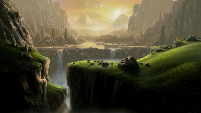 Обои картинки фото рисованное, природа, закат, небо, пейзаж