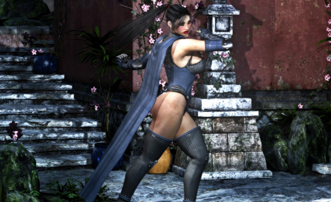 Обои картинки фото 3д графика, фантазия , fantasy, оружие, фон, взгляд, девушка