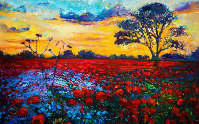 Обои картинки фото рисованное, живопись, цветы, пейзаж, деревья, небо, облака