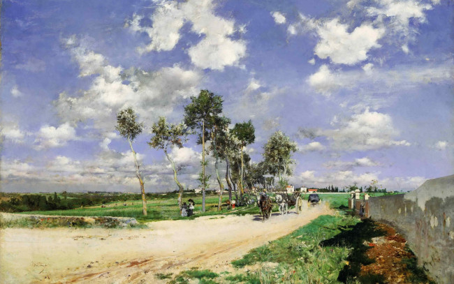 Обои картинки фото рисованное, живопись, лес, giovanni, boldini, трава, деревья, дорога, лошадь, повозка, облака, пейзаж, люди, небо, горизонт