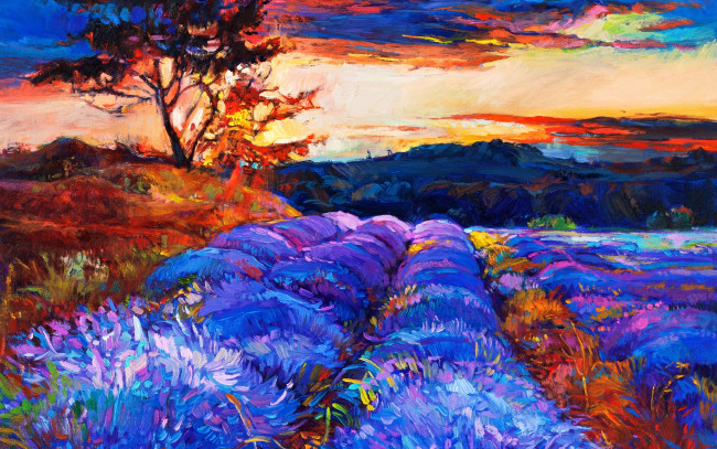 Обои картинки фото рисованное, живопись, природа, пейзаж, деревья, цветы, небо