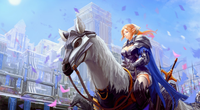 Обои картинки фото аниме, животные,  существа, город, лошадь, девушка