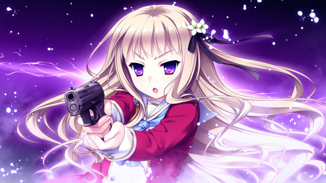 Обои картинки фото hello ladies, аниме, unknown,  другое, оружие, фон, взгляд, девушка