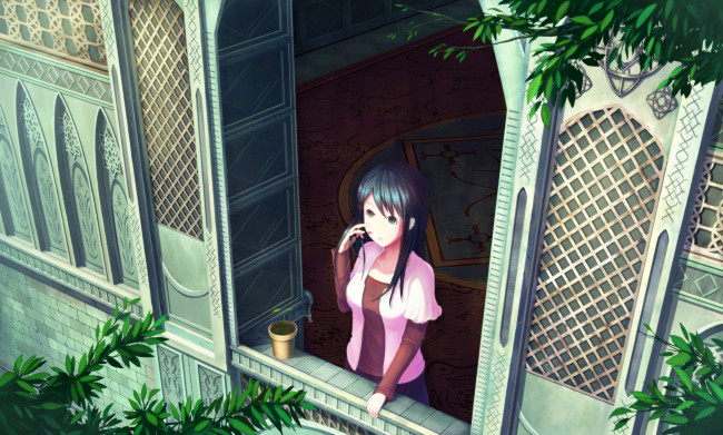 Обои картинки фото аниме, город,  улицы,  здания, здание, девочка, арт