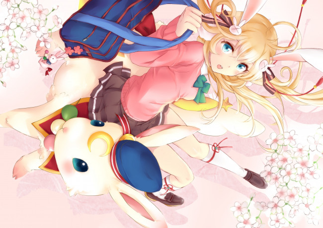 Обои картинки фото аниме, животные,  существа, кролик, девочка