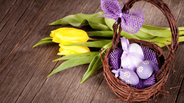 Картинка праздничные пасха корзинка писанки бант тюльпаны