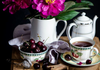 Картинка еда вишня +черешня пионы черешня чай