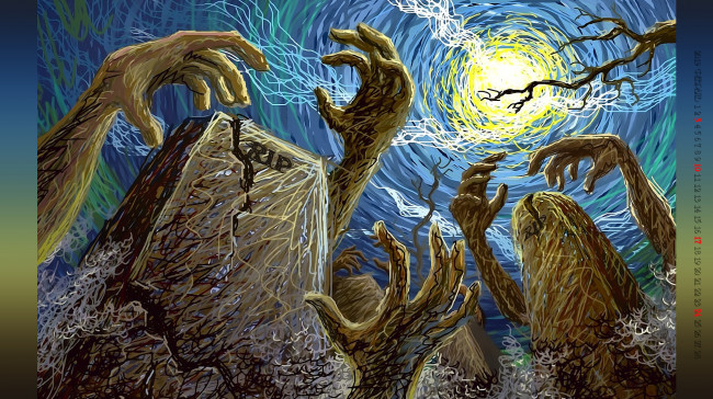 Обои картинки фото календари, рисованные,  векторная графика, могила, рука