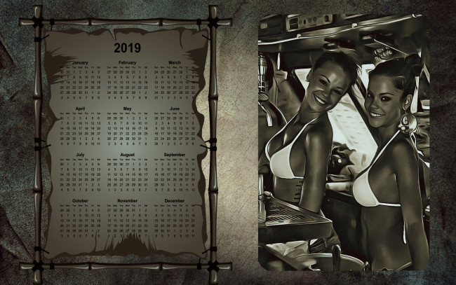 Обои картинки фото календари, компьютерный дизайн, двое, улыбка, девушка, купальник