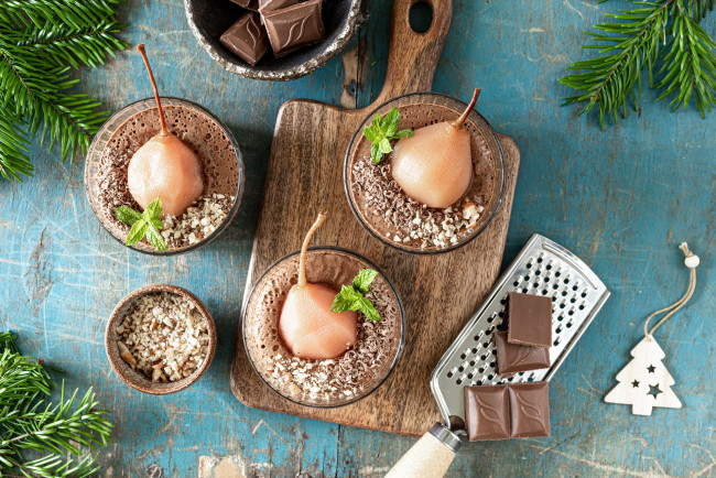 Обои картинки фото еда, груши, шоколад, мята