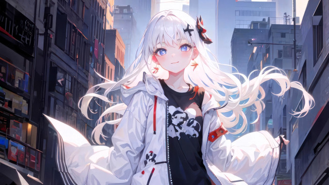 Обои картинки фото аниме, город,  улицы,  интерьер,  здания, девочка, куртка