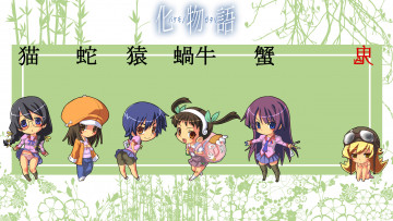 Картинка аниме bakemonogatari senjougahara+hitagi девушка форма инструменты oshino+shinobu шлем kanbaru+suruga бинт шорты hachikuji+mayoi портфель бант hanekawa+tsubasa очки косички sengoku+nadeko шляпа пиджак