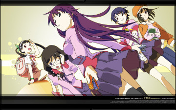 Картинка аниме bakemonogatari senjougahara+hitagi девушка форма инструменты степлер книга скобы kanbaru+suruga бинт шорты hachikuji+mayoi портфель бант hanekawa+tsubasa очки косички sengoku+nadeko шляпа пиджак