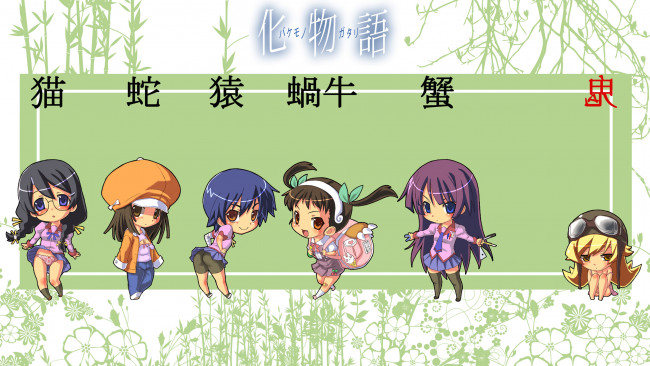 Обои картинки фото аниме, bakemonogatari, senjougahara hitagi, девушка, форма, инструменты, oshino shinobu, шлем, kanbaru suruga, бинт, шорты, hachikuji mayoi, портфель, бант, hanekawa tsubasa, очки, косички, sengoku nadeko, шляпа, пиджак