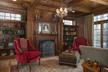 Картинка интерьер кабинет библиотека офис портрет кресла камин