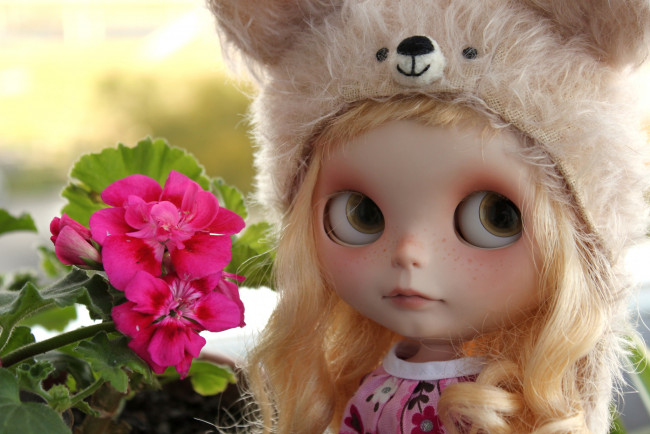 Обои картинки фото разное, игрушки, шапочка, герань, кукла