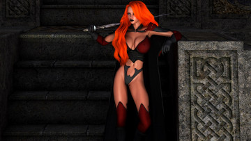 Картинка 3д+графика амазонки+ amazon меч рыжая фон взгляд девушка