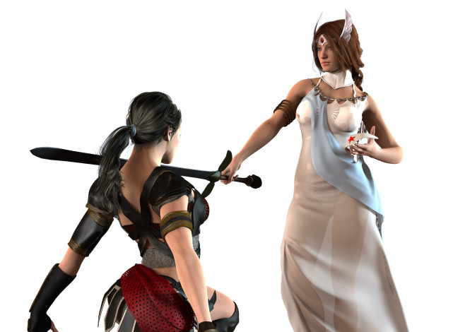 Обои картинки фото 3д графика, фантазия , fantasy, оружие, взгляд, фон, девушки