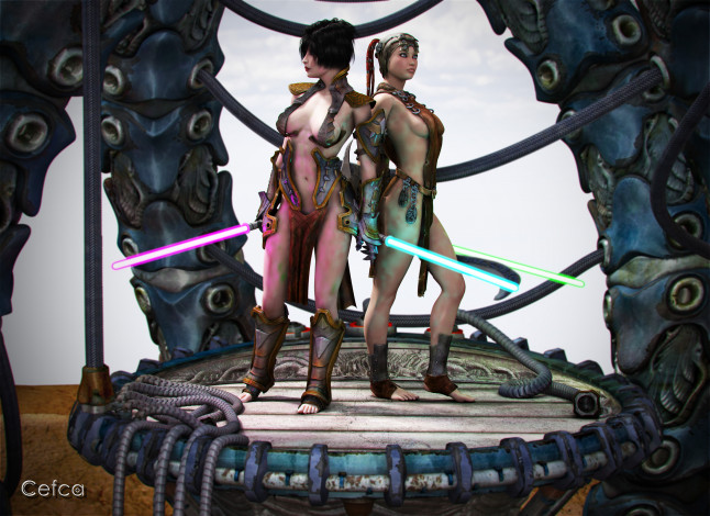 Обои картинки фото 3д графика, фантазия , fantasy, оружие, фон, девушки, взгляд