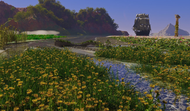 Обои картинки фото 3д графика, море , sea, парусник, цветы, холмы, река