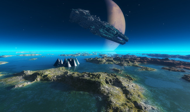 Обои картинки фото 3д графика, атмосфера, настроение , atmosphere ,  mood , поверхность, вода, планета, полет, космический, корабль