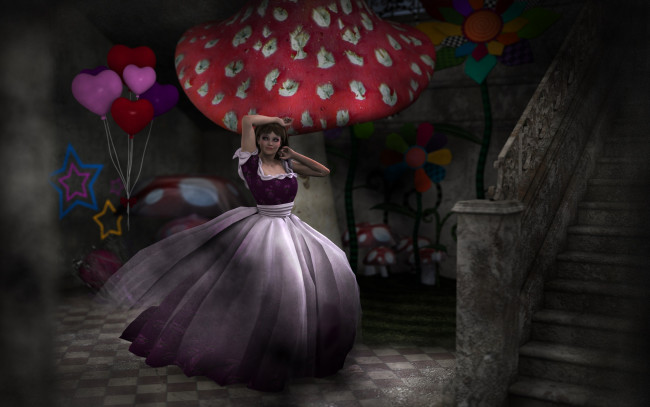 Обои картинки фото 3д графика, люди , people, лестница, шары, платье, фон, взгляд, девушка