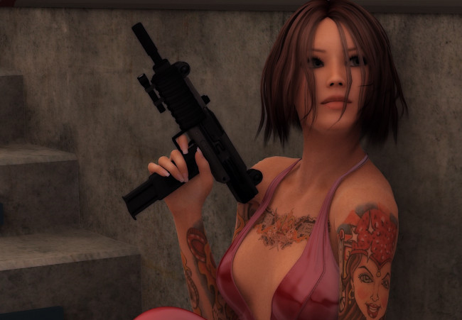 Обои картинки фото 3д графика, фантазия , fantasy, оружие, фон, взгляд, девушка