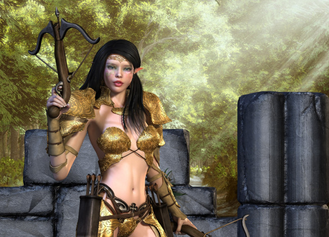 Обои картинки фото 3д графика, эльфы , elves, арбалет, фон, взгляд, эльфийка