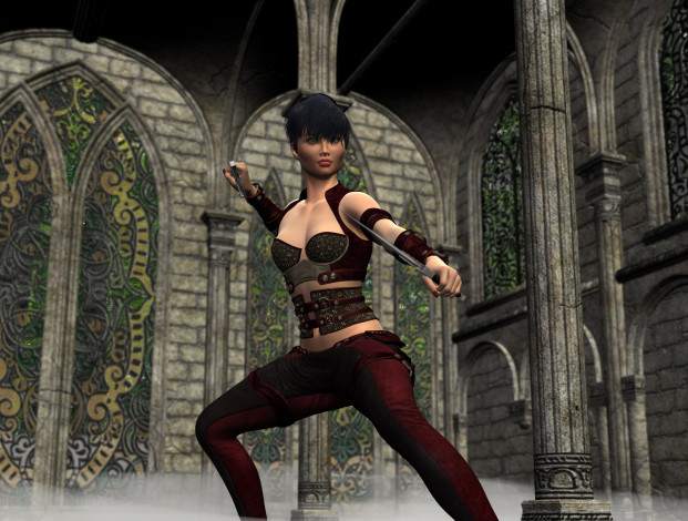 Обои картинки фото 3д графика, фантазия , fantasy, фон, оружие, взгляд, девушка