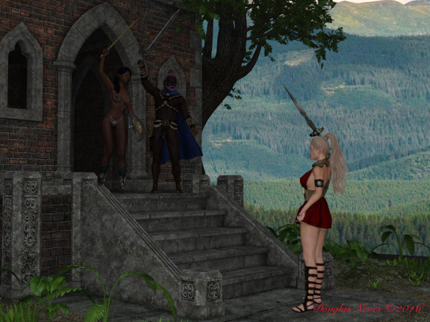 Обои картинки фото 3д графика, фантазия , fantasy, оружие, фон, взгляд, девушка