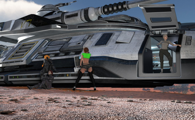 Обои картинки фото 3д графика, фантазия , fantasy, космический, корабль, фон, взгляд, девушки