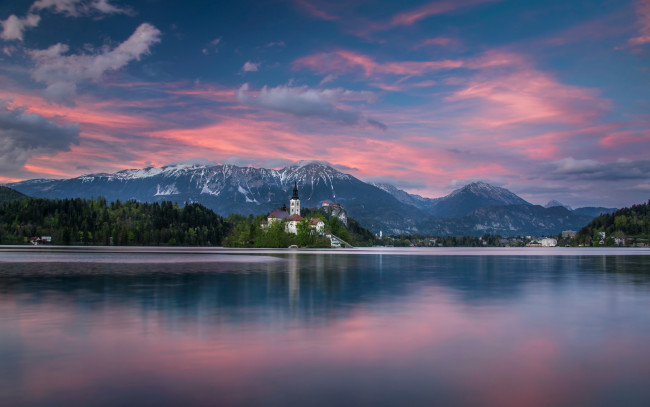 Обои картинки фото города, - пейзажи, горы, озеро, остров, закат, юлийские, альпы