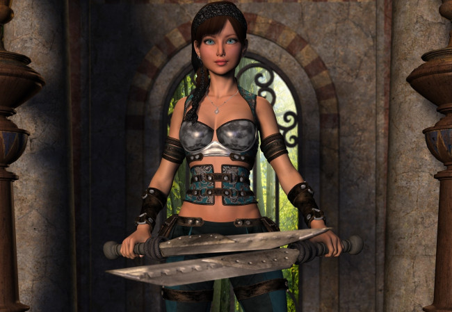 Обои картинки фото 3д графика, амазонки , amazon, оружие, фон, взгляд, девушка