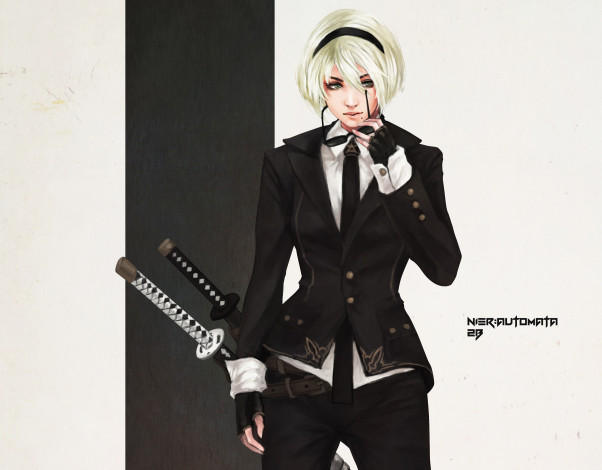 Обои картинки фото видео игры, nier,  automata, костюм, меч, девушка