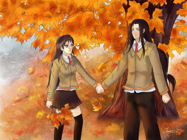 Обои картинки фото разное, арты, любовь, парень, осень, девушка