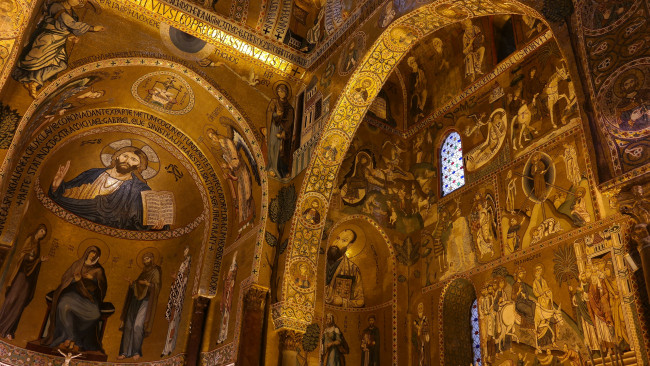 Обои картинки фото интерьер, убранство,  роспись храма, палермо, италия, часовня, сицилия, норманнский, дворец, палатинская, капелла, палатина